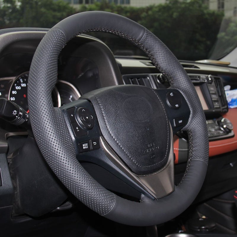 Eiseng Customized DIY Black Genuine Leather Steering Wheel Cover with Needles for 2013 2014 2015 2016 2017 2018 Toyota RAV4 Interior Accessories/for 2014-2018 Toyota Corolla 15 inches (Black Thread) - Image 2